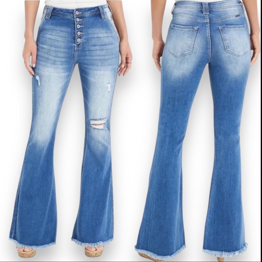 KANCAN Medium Wash High Rise Button Fly Distressed Flare Jeans Size‎ 29 | NWT